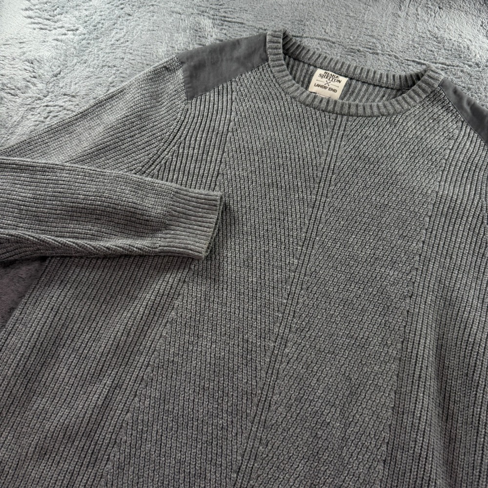 Lands End Blake Shelton Mens XXL Gray Ribbed Crewneck Sweater Shoulder Patches